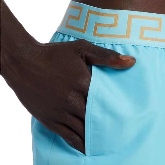 Versace Greca Swim Trunks in Light Blue/Gold - Picture 4 of 8